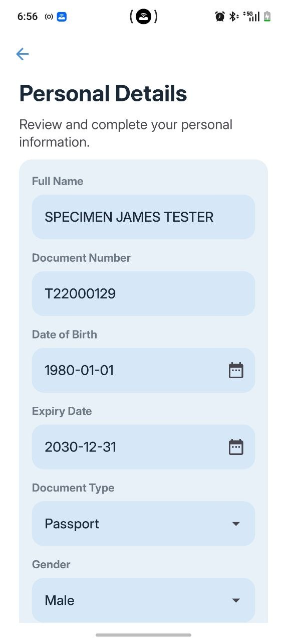 Reviewing name, document number and dates in Cryptnox Wallet identity verification