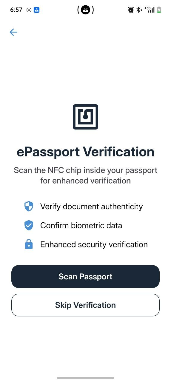 Optional ePassport NFC chip verification screen in Cryptnox Wallet
