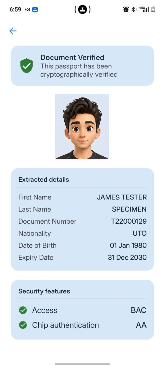 Document Verified result after ePassport chip verification in Cryptnox Wallet