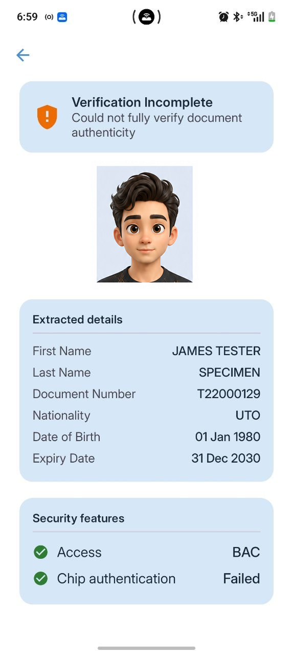 Verification Incomplete result after ePassport chip read in Cryptnox Wallet