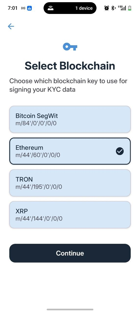 Choosing a blockchain key to sign identity verification in Cryptnox Wallet