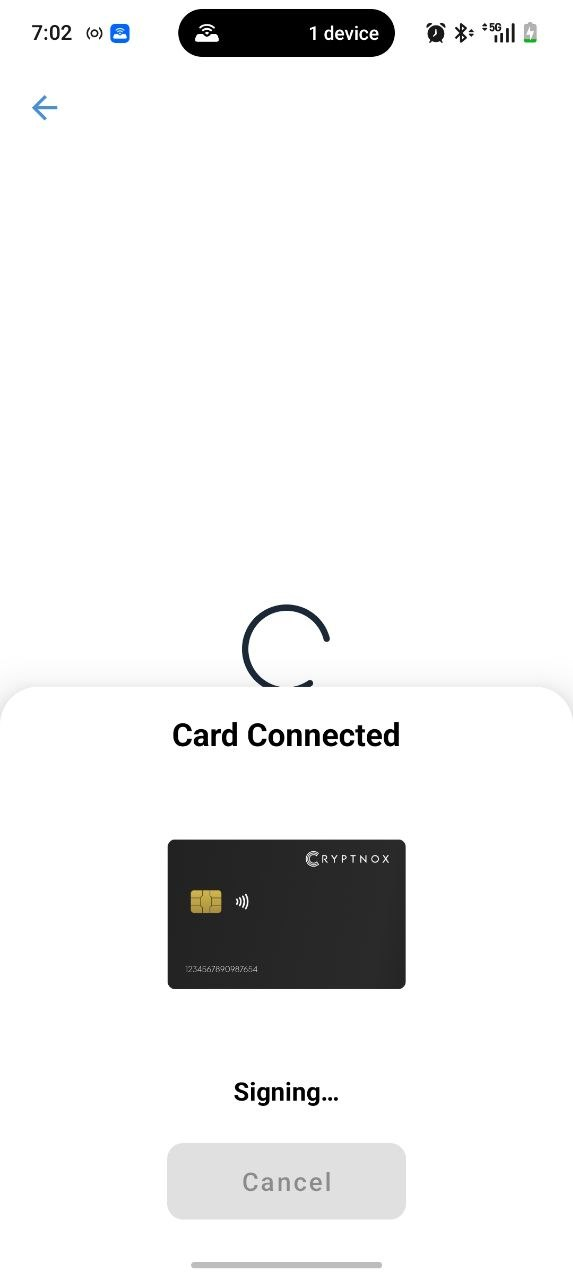 Cryptnox Wallet signing an identity verification with the Cryptnox card