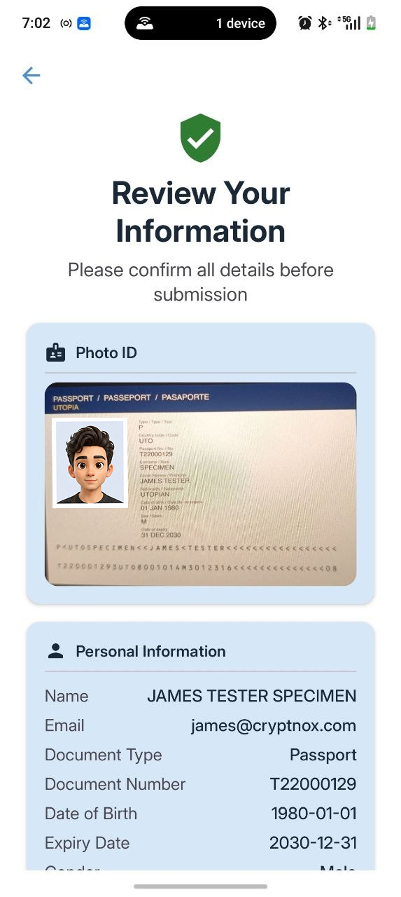 Reviewing photo ID and details before submitting Cryptnox Wallet identity verification