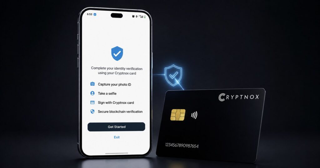 Cryptnox Wallet identity verification screen on a phone next to a Cryptnox card: capture photo ID, take a selfie, sign with the card, blockchain verification