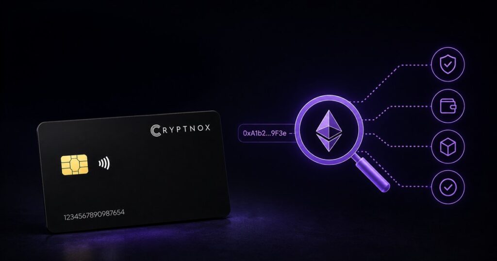 Cryptnox smart card next to a magnifier inspecting an Ethereum address – how to check a crypto wallet address before sending
