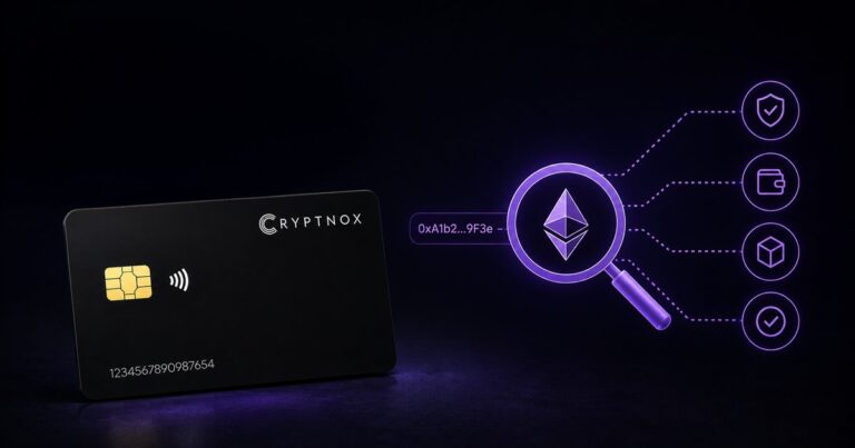 Cryptnox smart card next to a magnifier inspecting an Ethereum address – how to check a crypto wallet address before sending