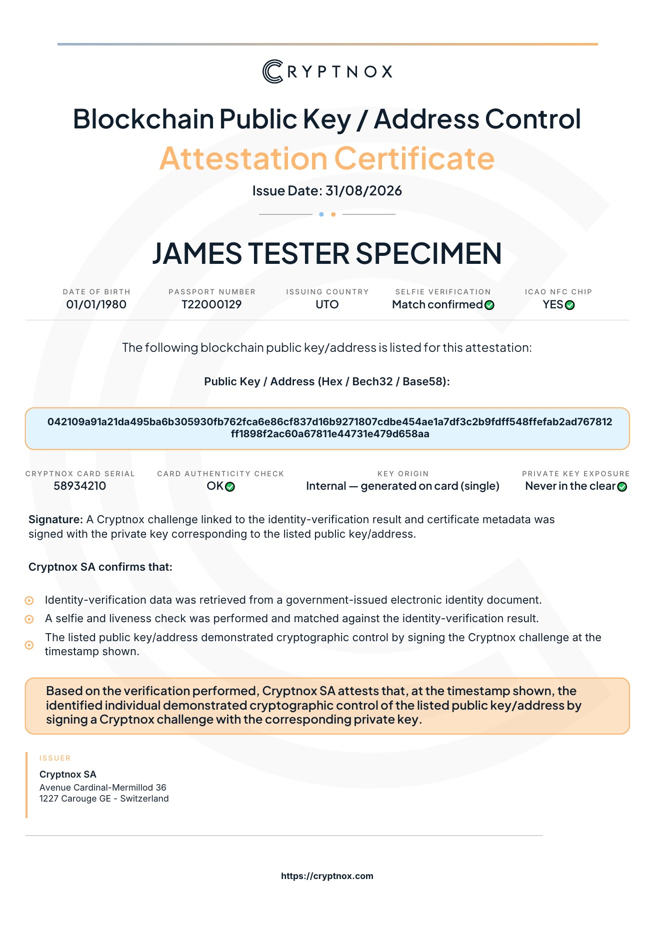 Page 1 of a sample Cryptnox Blockchain Public Key / Address Control Attestation Certificate — the verified identity, the attested blockchain public key, the signing card and the attestation statement