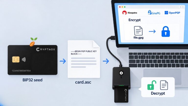 Cryptnox card with a BIP32 seed, the card.asc OpenPGP certificate and a laptop running Kleopatra: encrypt to file.gpg, decrypt with the card in a Cryptnox reader