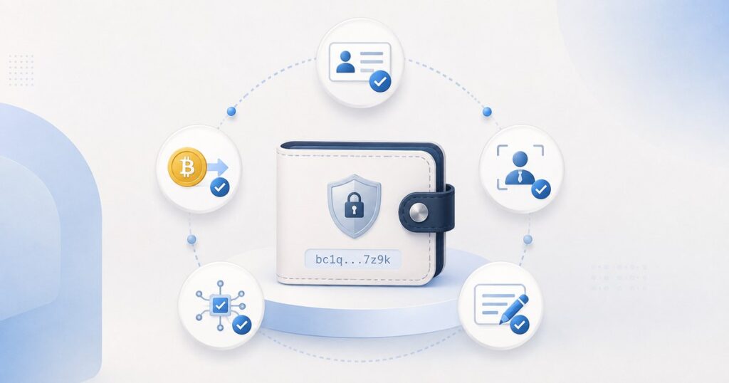 Wallet with a lock and five verification icons: identity document, Satoshi test transfer, liveness check, secure chip and signed message