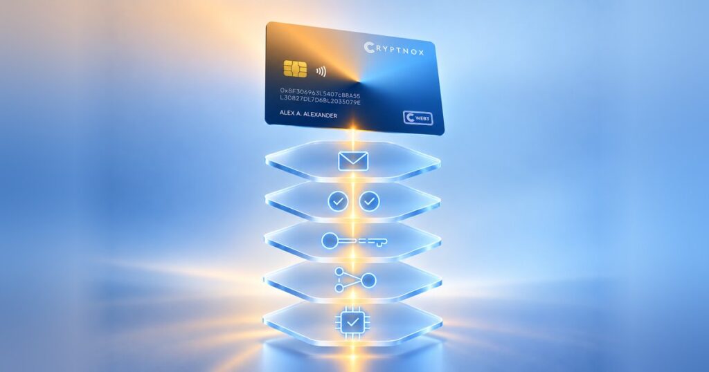 Cryptnox C-WaaS card above five glass layers representing issuance, authorisation, recovery, governance and trust
