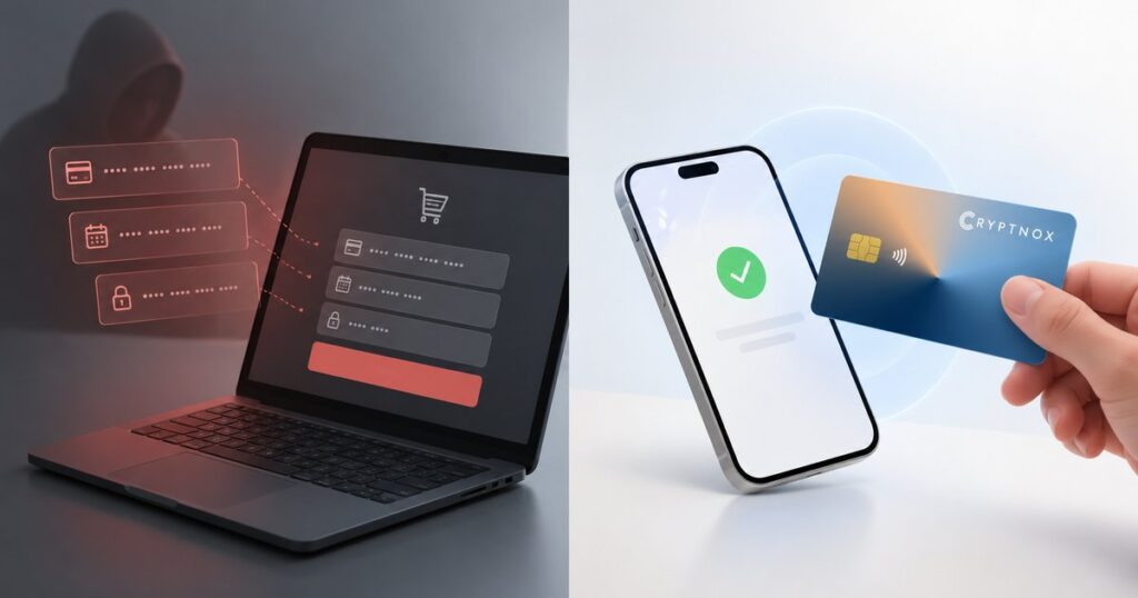 Stolen card details typed into an online checkout on a laptop, beside a Cryptnox card tapped on a phone that confirms the payment