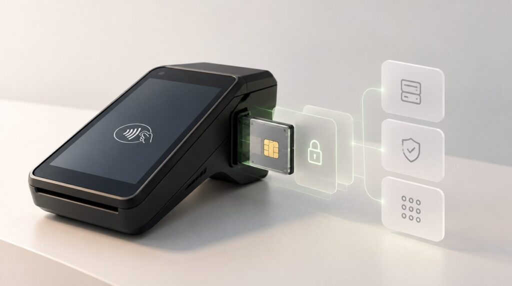 Contactless payment terminal with its Secure Access Module linked to the issuer backend, shield and keypad icons