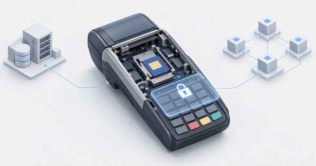A SAM-sized smart card being inserted into the back of a payment terminal next to a Cryptnox card on the reader