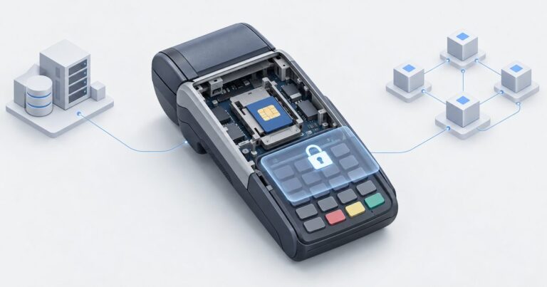 A SAM-sized smart card being inserted into the back of a payment terminal next to a Cryptnox card on the reader